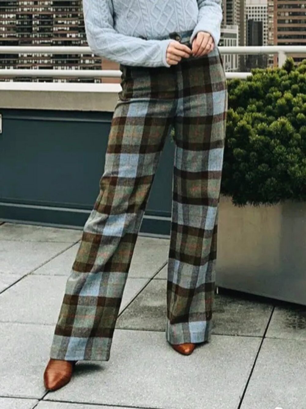New Sezane Fabio 100% Wool Plaid Wide Leg Trousers Blue Olive 38, 6 altered?